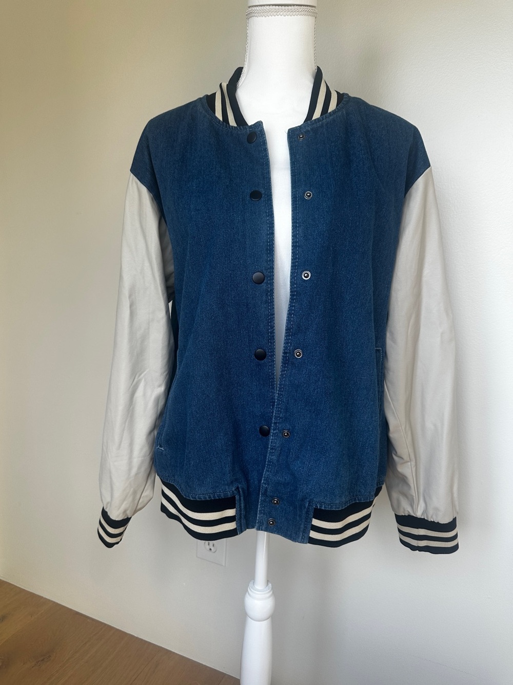 Blue Denim & Cream Sleeve Varsity Jacket